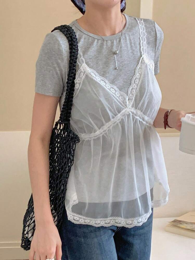 Women's Lace Trim Camisole Splice Short Sleeve Casual T-Shirt With Back Tie