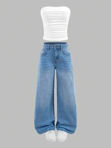 SHEIN Girlism 2 peças/Conjunto Teen Garota Look Denim Branco Top Bandeau de Tricô e Calça Denim Reta Azul