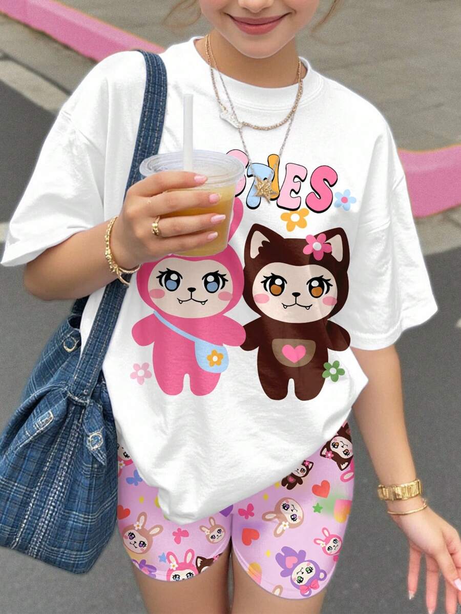 SHEIN Leap Crew 可爱有趣的卡通动物印花 2 件套：适合青少年女孩的短袖 T 恤和短裤，休闲简约，适合夏季