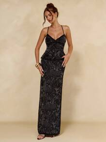 SHEIN BAE 纯粉色提花吊带抽绳女式上衣，度假风上衣，提花上衣，性感上衣 - 黑色 - 查看 6