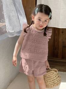 SHEIN Vintaside Kids 2pcs/Set Baby Girl Casual Sweet Flutter Sleeve Tee Shirt Vest Top & Shorts Outfits, 0-3 Years, Spring/Summer