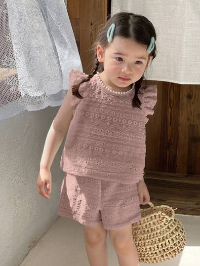 SHEIN Vintaside Kids 2件組女嬰休閒可愛日系甜美荷葉袖上衣背心短褲套裝，0-3歲，春夏季，Bingo粉色