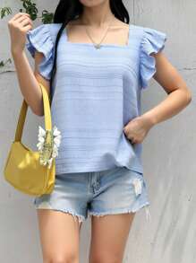 SHEIN Teen Girl Weave Texture Solid Color Square Collar Short Sleeve Casual Shirt