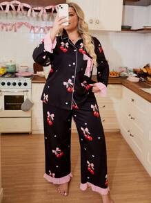 SweetSlumber Große Größen süßer Schmetterling & KirscMusterck Spitze Patchwork Kragen Nachtwäsche Set, Herbstkleidung