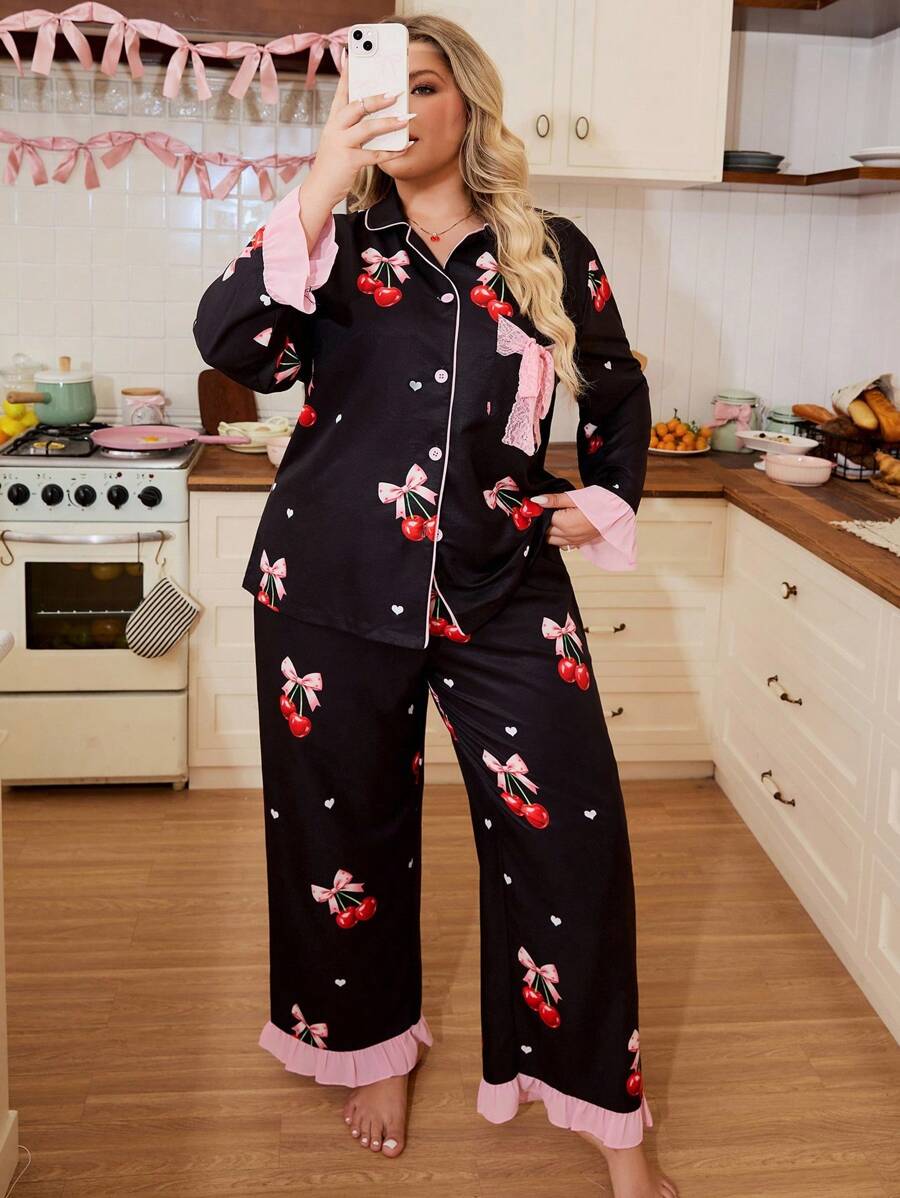 SweetSlumber Große Größen süßer Schmetterling & KirscMusterck Spitze Patchwork Kragen Nachtwäsche Set, Herbstkleidung