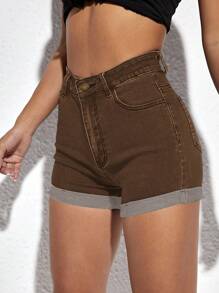 Jeanoix Women's High Waist Rolled Hem Brown Casual Denim Shorts, Summer