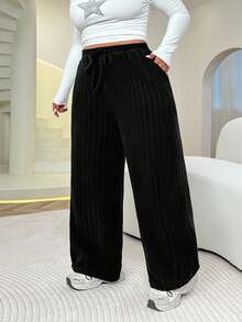 SHEIN EZwear 大码女式休闲纯色罗纹抽绳腰部宽松阔腿裤 - 灰色 - 查看 5