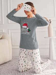EURMUSE Ensemble de pyjama pour femmes avec chapeau de Noël confortable, Top à manches longues et pantalon imprimés de lettres - Gris pâle - Voir 3