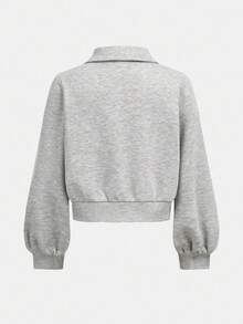 Girlism Sudadera corta con cuello mao, manga larga, parches de encaje para niña preadolescente, vuelta al cole - Gris - Ver 2