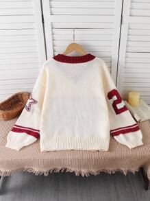 Teen Girls' Loose V-Neck Dropped Shoulder Number Graphic Long Sleeve Sweater Fall Winter