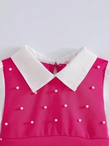 Young Girls 2 Pieces Set, Pearl Decor Fitted Long Sleeve Shirt & Slim Flared Pants, Spring/Autumn Fall Winter - Hot Pink - View 8