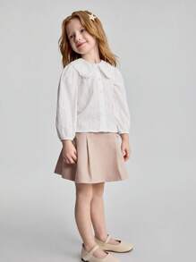 Ontre Young Girl Contrast Lace Peter Pan Collar Lantern Sleeve White Casual Blouse, Autumn/Spring Fall Winter - White - View 5