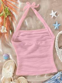 Teen Girl Stylish Cute Comfy Wavy Pattern Camisole With Bow, Suitable For Casual Outings And Gatherings, Spring/Summer - Pink - View 2