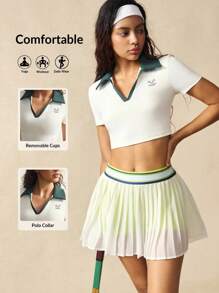 VARSIVA Gym Top Women's Letter Print Contrast Color Collar Short Sleeve Sports Polo Shirt - Multicolor - View 1