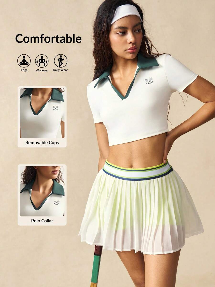 VARSIVA Gym Top Women's Letter Print Contrast Color Collar Short Sleeve Sports Polo Shirt - Multicolor - View 1