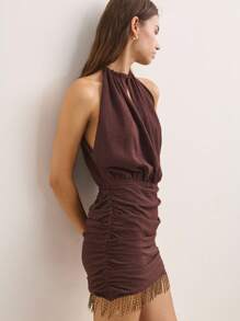 Nöista Elegant Dark Brown Sleeveless Dress,Gathered Halter Neckline Ruched Body Summer Outfits For Women,Party Night Vacation Lightweight Breathable Clothes - Brown - View 1