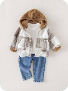 SHEIN Babyjongen Buffalo Plaid-patroon Teddyjas met capuchon zonder trui, voor Kerstmis