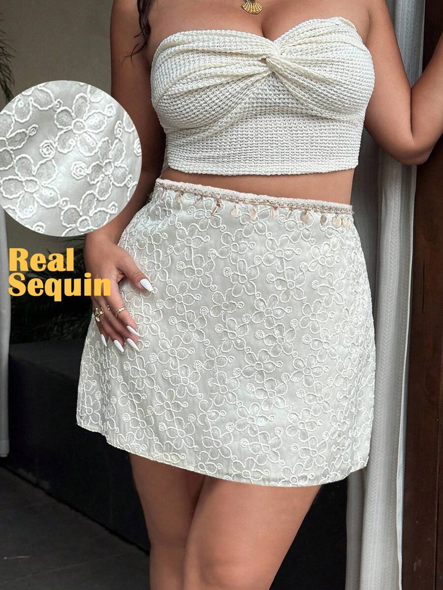 Sunnyshic 刺绣度假休闲风贝壳印花半身裙 - 杏色 - 查看 1