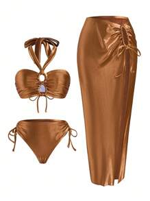 Swim Oasis New Women Plus Size Hollow-Out Bandeau 3 PiecesBikini Set With High-Waist Bottoms And Long Cover-Up, Vacation Swimming Suit