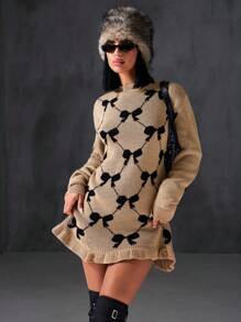 EURMUSE Damen Pulloverkleid, Kamel Strickware mit Kamel Schleife Jacquard