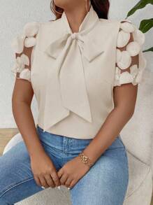 Breezaya Plus Size Women Elegant Casual Mesh Insert Patchwork Blouse - Apricot - View 1