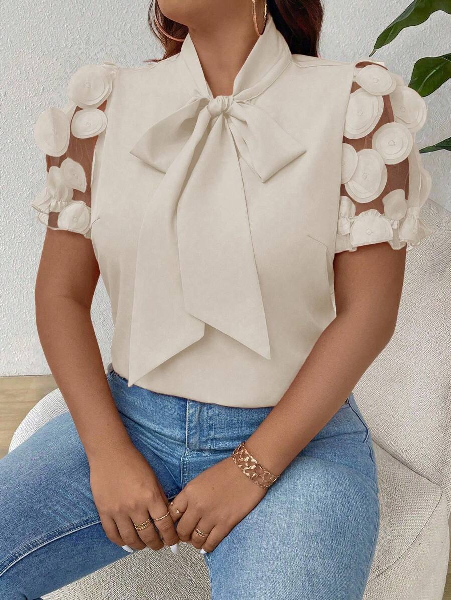 Breezaya Plus Size Women Elegant Casual Mesh Insert Patchwork Blouse - Apricot - View 1