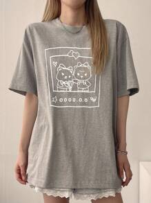 DAZY Áo thun nữ dáng rộng, cổ tròn, tay ngắn, họa tiết hoạt hình, thích hợp mặc mùa hè, đi làm. - Xám - Xem 3