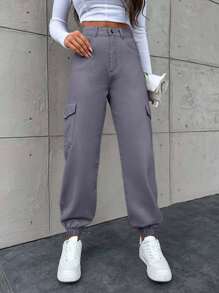 EURMUSE Women's Casual Street Style Solid Color Flap Pocket Cargo Jogger Jeans - Dark Grey - View 6