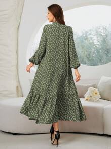 Al Najma Women's Vacation Style Ditsy Floral Half-Button Open Front Lantern Sleeve Ruffled Hem Arabian Dress - Army Green - View 2