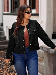 Vionelle 大码纯色休闲长袖夹克 - 黑色 - 查看 6