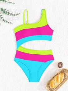 SHEIN Tween Girl Color-Block Asymmetric Neckline One-Piece Swimsuit, Hollowed-Out Waist Design Purple Beach Outfit Summer Holiday - Multicolor - View 4