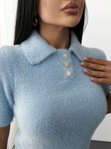 EURMUSE Pulover de damă cu imprimeu strălucitor pear stone, albastru deschis - Bleu - Vizualizare 3