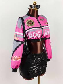 Amplova Women's Letter Printed Short Baseball  Fall Clothes Women Jacket - Multicolor - View 6