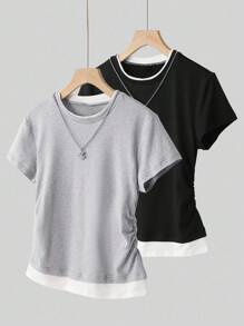 少女圆领短袖褶皱休闲T恤 - 彩色 - 查看 1