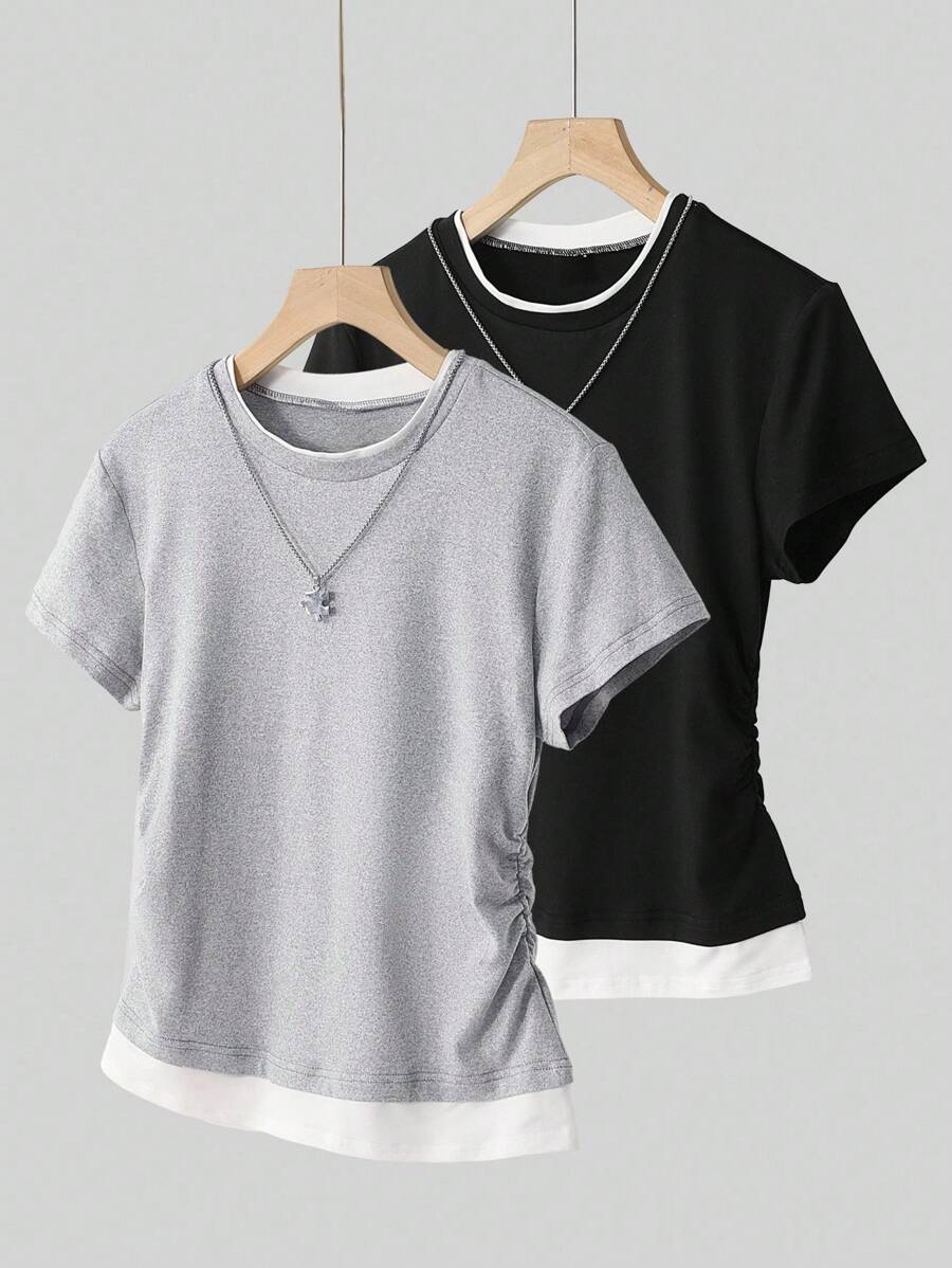 少女圆领短袖褶皱休闲T恤 - 彩色 - 查看 1