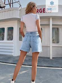 EMERY ROSE Women Casual Front Button Pocket Denim Shorts, Daily Leisure Wear - Light Wash - View 2