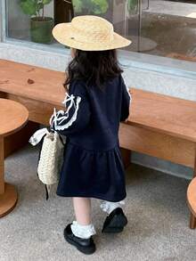 DAZY Baby Girl Round Neck Solid Color Spring & Autumn Fleece Stripe Bow Decor Mid-Length Dress - Blue - View 2