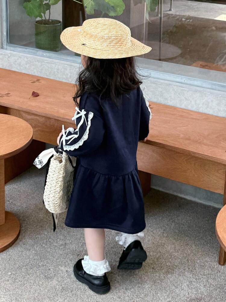 Toddler Girls' Round Neck Solid Color Spring & Autumn Fleece Stripe Bow Decor Mid-Length Dress