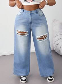 SHEIN Tall CURVE Plus Size Summer Fall Clothes Autumn Clothes Back To School Homecoming Cute 2000s Style Kawaii Y2k Airport For Women Modest Old Money Tulum Women's Casual Loose Distressed Wide,Leg Blue Jeans Ripped Jeans Wide Leg Pants Woman Baggy Jeans