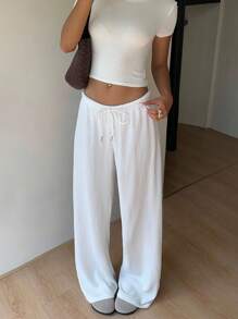 SHEIN EZwear Weiße lässige strukturierte Damenhose mit Kordelzug in weitem Bein, locker geschnitten, für Flughafen, Schule