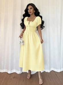 Rafferiza Đầm suông tay bồng cổ vuông thanh lịch ôm eo cho nữ - Vàng nhạt - Xem 1