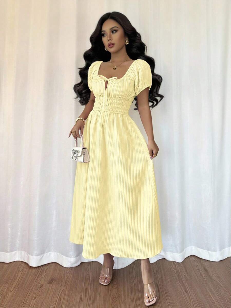 Rafferiza Đầm suông tay bồng cổ vuông thanh lịch ôm eo cho nữ - Vàng nhạt - Xem 1