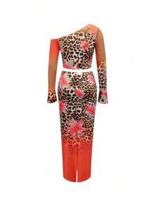 INAWLY Printed Asymmetrical Neck Flared Sleeve T-Shirt + Skirt 2-Piece Set