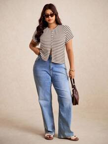 Elaquor 大码女式夏季条纹圆领短袖单排扣开衩下摆休闲T恤