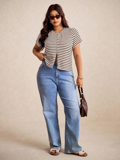 Elaquor Plus Size Women Summer Striped Round Neck Short Sleeve Single-Breasted Split Hem Casual T-Shirt,Business Casual Woman,Teacher Outfits For Women