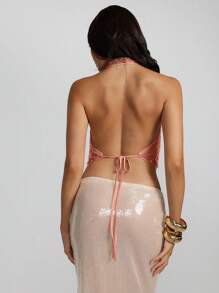 Aloruh Women's New Spring/Summer Sequin Halter Backless Sexy Elegant Retro Romantic Top, Y2K Music Festival - Pink - View 2