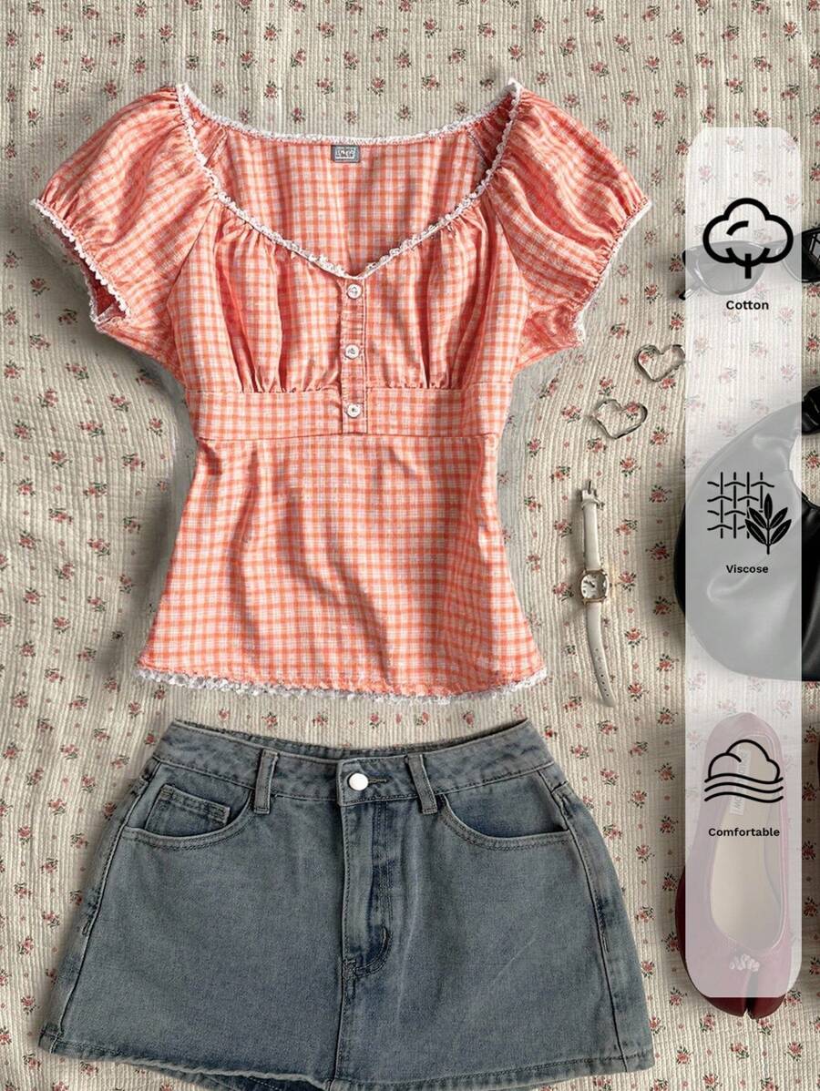 SHEIN EZwear 粉色和白色格子编织休闲女士衬衫，简约时尚，适合夏季 - 粉色 - 查看 1