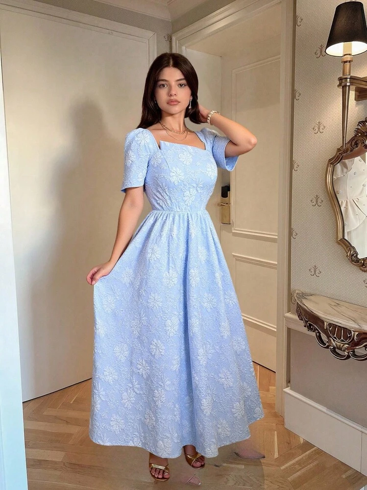 Elenzga Women's Light Blue And White Floral Textured Woven Italian Dress, Summer Elegant Tea Party Backless Short Sleeve Slim Cinched Waist Mid-Length Dress