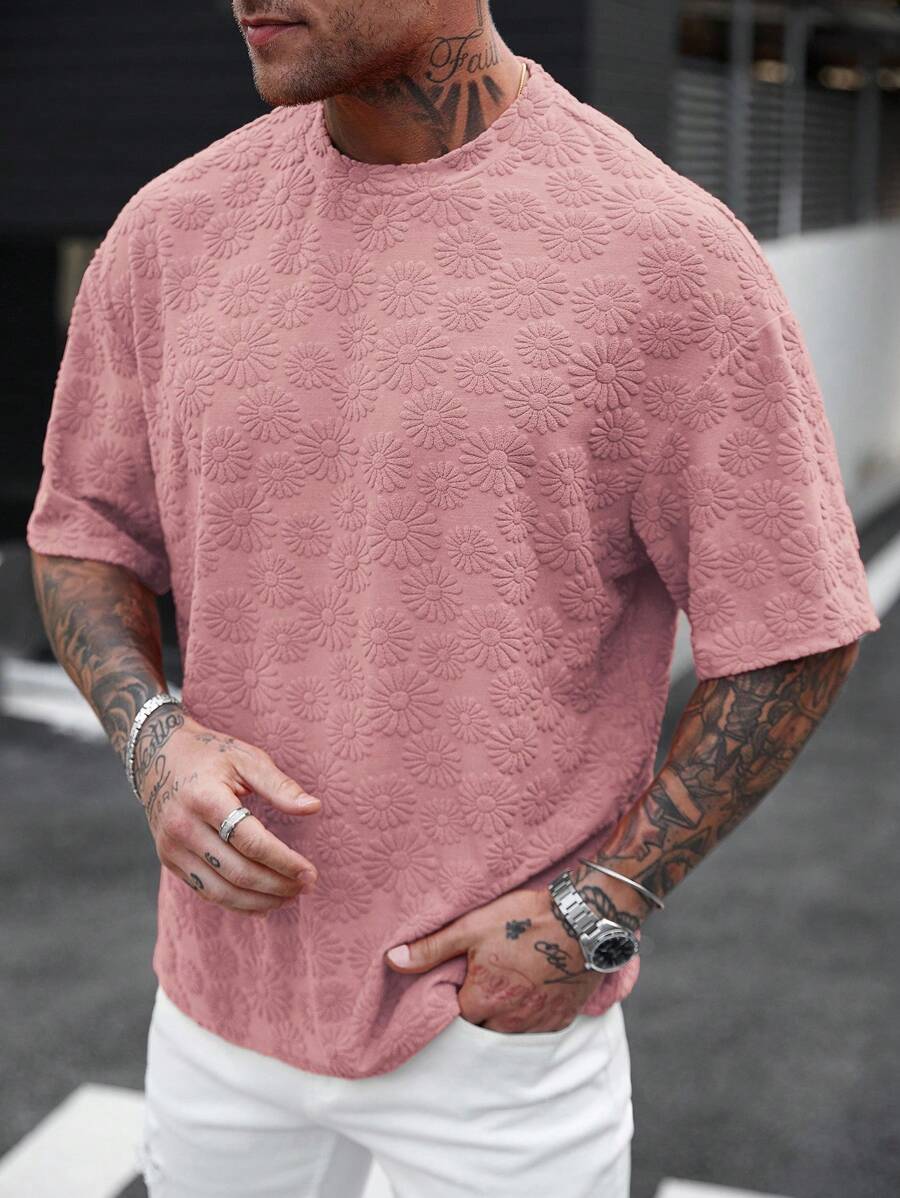 Manfinity Homme Men's Plain Textured Jersey Crew Neck Short Sleeve T-Shirt - Dusty Pink - View 1