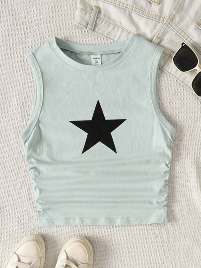 SHEIN Parte superior de punto informal con diseño de estrellas de unicolor para niñas adolescentes